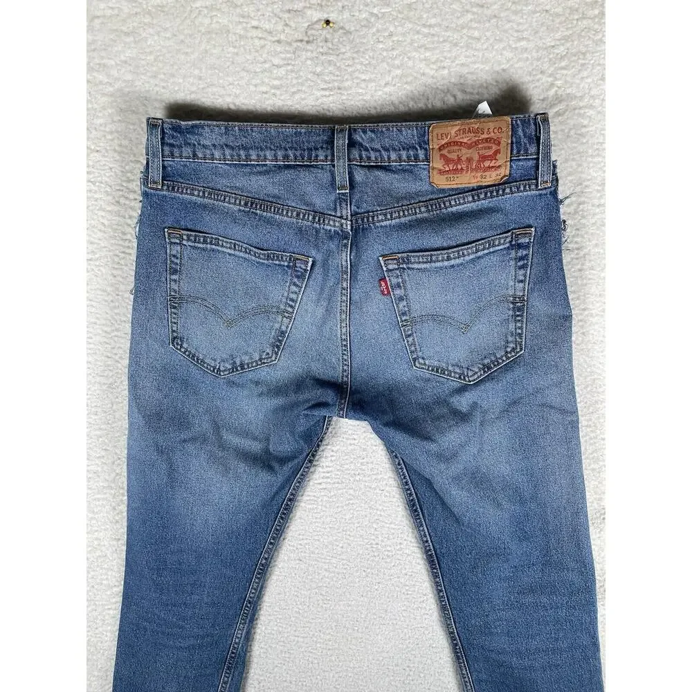 Levis 512 Jeans Mens 32x32 Blue Raw Hem Seams Faded 5 Pocket Distressed